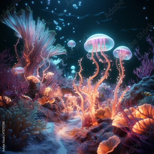 AI-generated underwater world with neon-colored sea creatures and plants © Michael Böhm