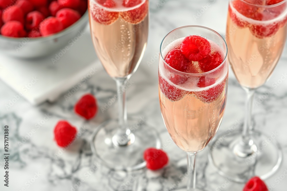 Sparkling rose french kiss cocktail in flutes with raspberries on a marble table Sparkling rose french kiss cocktail in flutes with raspberries on a marble table