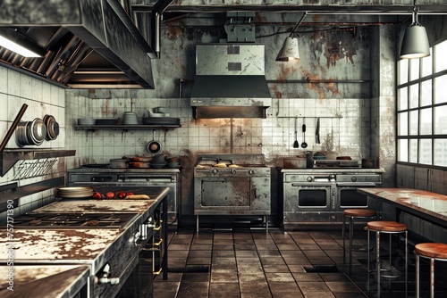 A photo capturing a neglected, dirty kitchen with ample counter space and cluttered surfaces, A grungy, industrial style empty restaurant kitchen with metallic surfaces, AI Generated photo