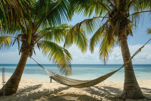 A serene and peaceful setting on a beach, with a hammock suspended between two tall palm trees, A hammock strung between two palm trees on a deserted island, AI Generated © Iftikhar alam