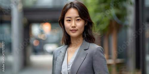 Confident Asian businesswoman in gray suit excels in urban setting. Concept Urban backdrop  Business attire  Confident pose  Asian ethnicity  Professional headshots