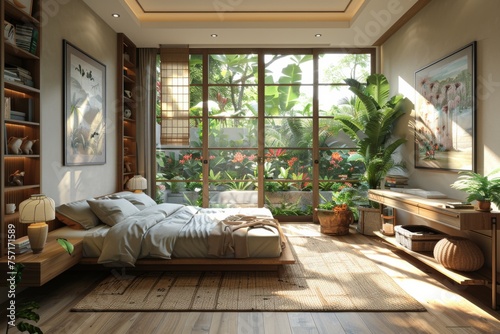 Modern cozy bedroom with garden view, indoor plants © victoriazarubina