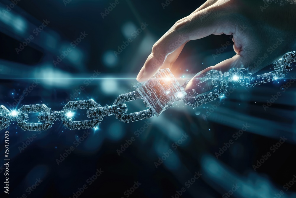A person engages with a chain, conveying a powerful message regarding connection, freedom, and restraint, A hand placing a block on a chain symbolizing blockchain construction, AI Generated - obrazy, fototapety, plakaty 