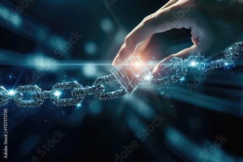A person engages with a chain  conveying a powerful message regarding connection  freedom  and restraint  A hand placing a block on a chain symbolizing blockchain construction  AI Generated