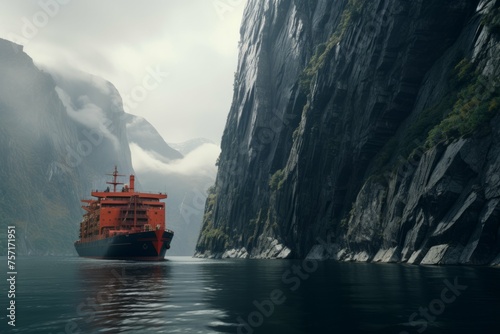 Cargo ship in fjord surrounded by steep cliffs