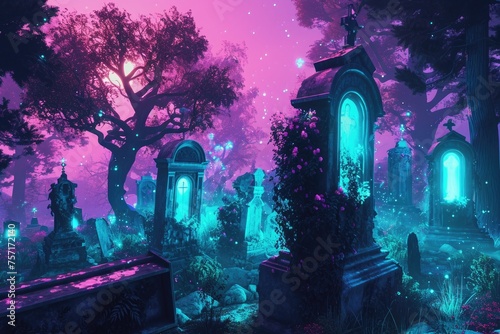 A serene cemetery filled with tombstones and surrounded by towering trees  offering a tranquil final resting place  A haunted graveyard with eerie  glowing tombs  AI Generated