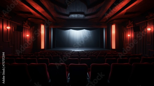 realistic view from the last rows on the light screen of the cinema, with modern design, in the dark