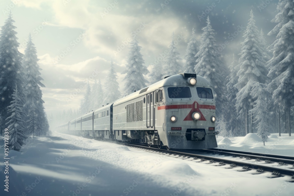 Train traveling through a snowy landscape. Train traveling through a snowy landscape.