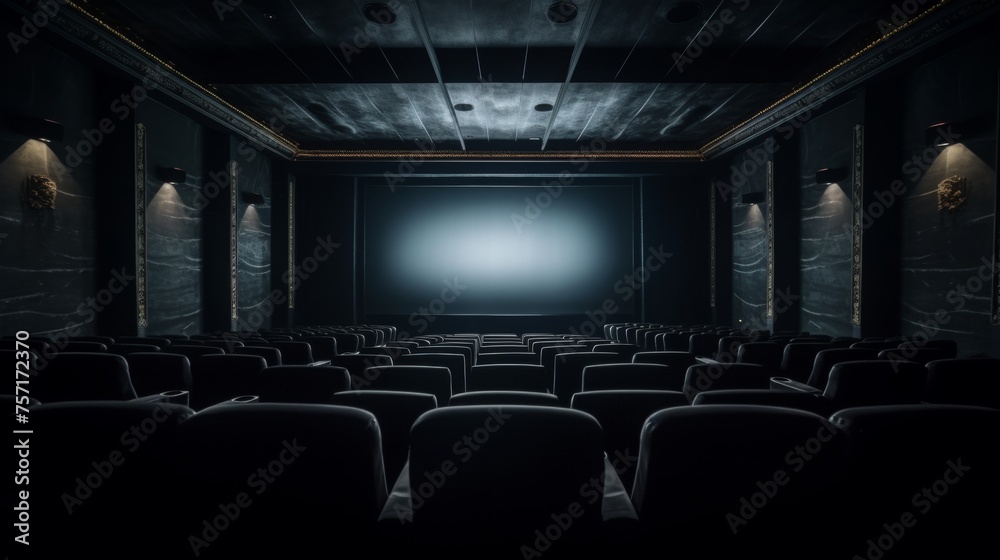 realistic view from the last rows on the light screen of the cinema, with modern design, in the dark realistic view from the last rows on the light screen of the cinema, with modern design, in the dark