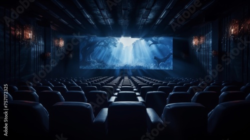 realistic view from the last rows on the light screen of the cinema  with modern design  in the dark