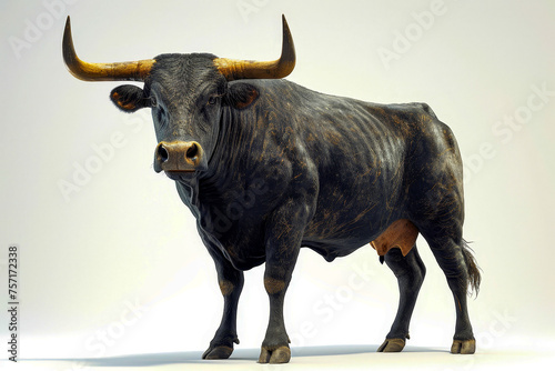 Bull with large curled horns stands in white room.