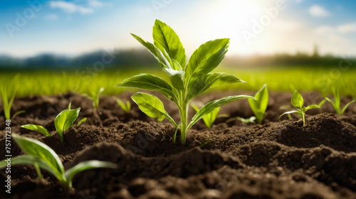 Plant sprouts from the soil in field under the sun.