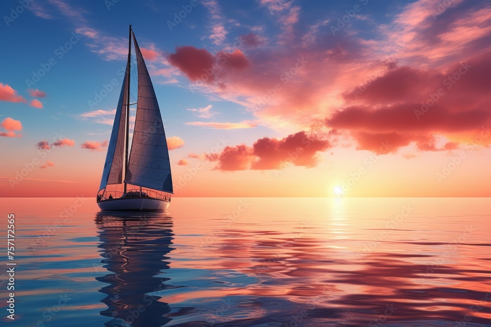 Sailboat on calm blue ocean with beautiful sunset.