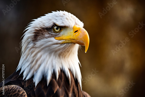 Close up of eagle s face with yellow beak and yellow eyes.