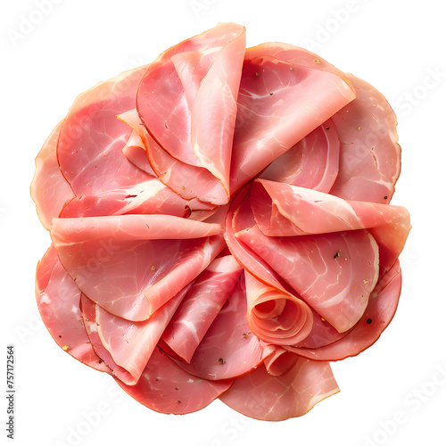 Sliced boiled ham sausage isolated on transparent background, top view