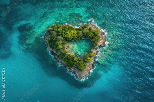 Discover the captivating heart-shaped island, a breathtaking symbol of love nestled in the expansive ocean, A heart-shaped island surrounded by turquoise water, AI Generated