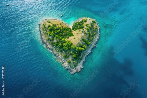 A breathtaking heart-shaped island surrounded by vast ocean waters, A heart-shaped island surrounded by turquoise water, AI Generated
