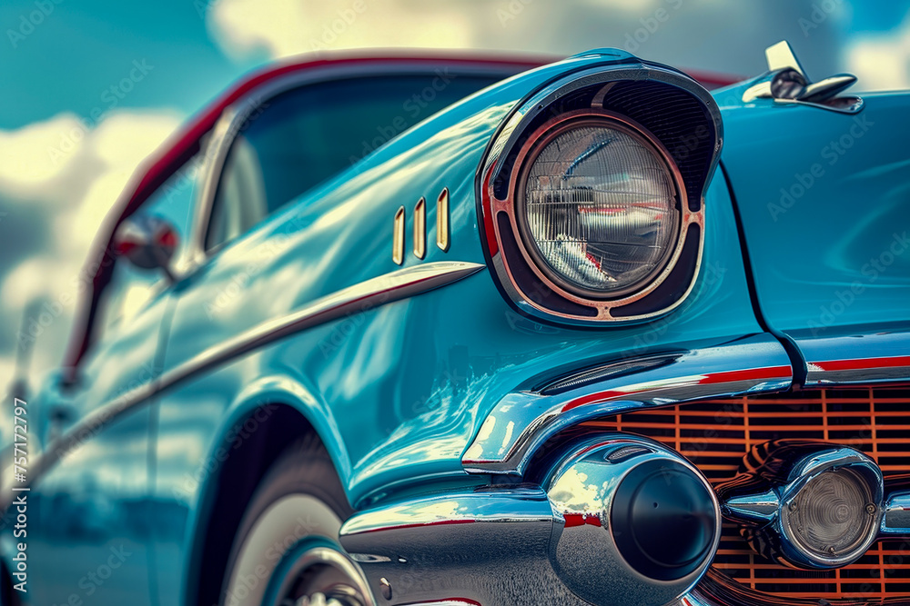 Blue car with close up of its shiny chrome headlights and tail lights.