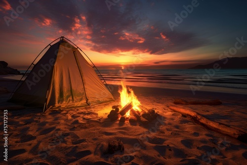 Tent on sandy beach with sunrise and bonfire
