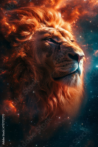 Lion's face is shown in front of blue and red nebula giving impression of looking into the depths of space.