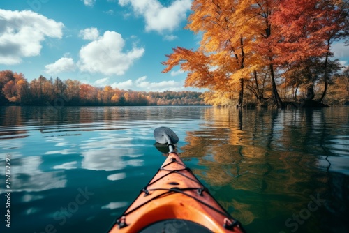 Kayak in calm lake with autumn trees and blue sky