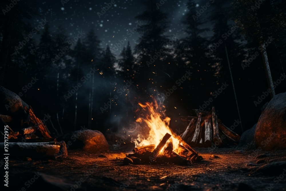 Campfire in a forest under a starry sky. Campfire in a forest under a starry sky.