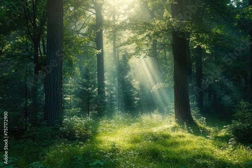 Vibrant sunlight filters through the lush canopy of trees, creating enchanting patterns of light and shadow, A hidden forest glade with sunlight filtering through the trees, AI Generated © Iftikhar alam