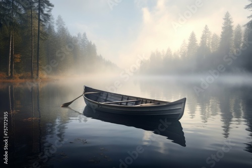 Rowboat on a calm lake with a misty forest. © Michael Böhm
