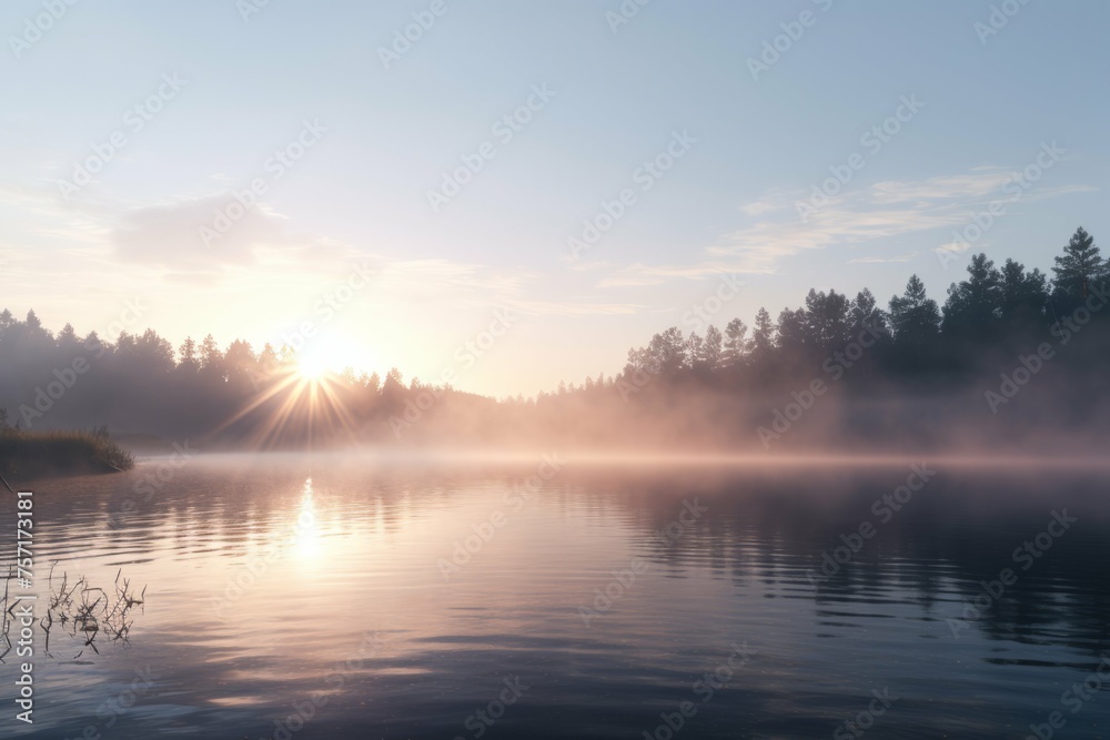 A peaceful and tranquil lake at sunrise with mist rising from the water.