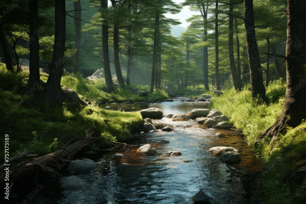 A tranquil and peaceful forest with a winding stream.