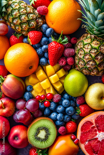 Colorful arrangement of various fruits including apples oranges and pineapple.