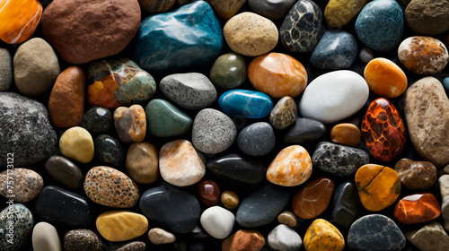 Close up of various colored rocks stones and marbles.