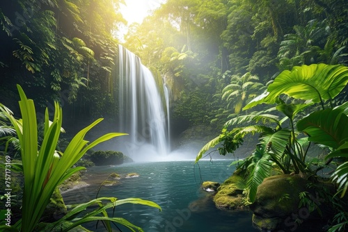 A breathtaking waterfall cascades down in the middle of a lush forest surrounded by vibrant greenery  A hidden waterfall surrounded by vibrant rainforest  AI Generated