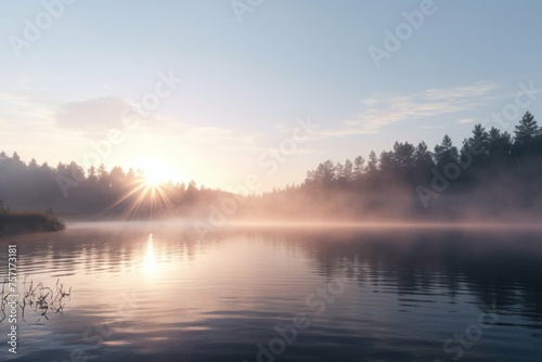 A peaceful and tranquil lake at sunrise with mist rising from the water.
