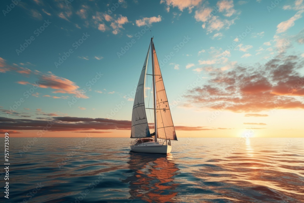 A sailboat gliding across a calm and glassy ocean at sunset.