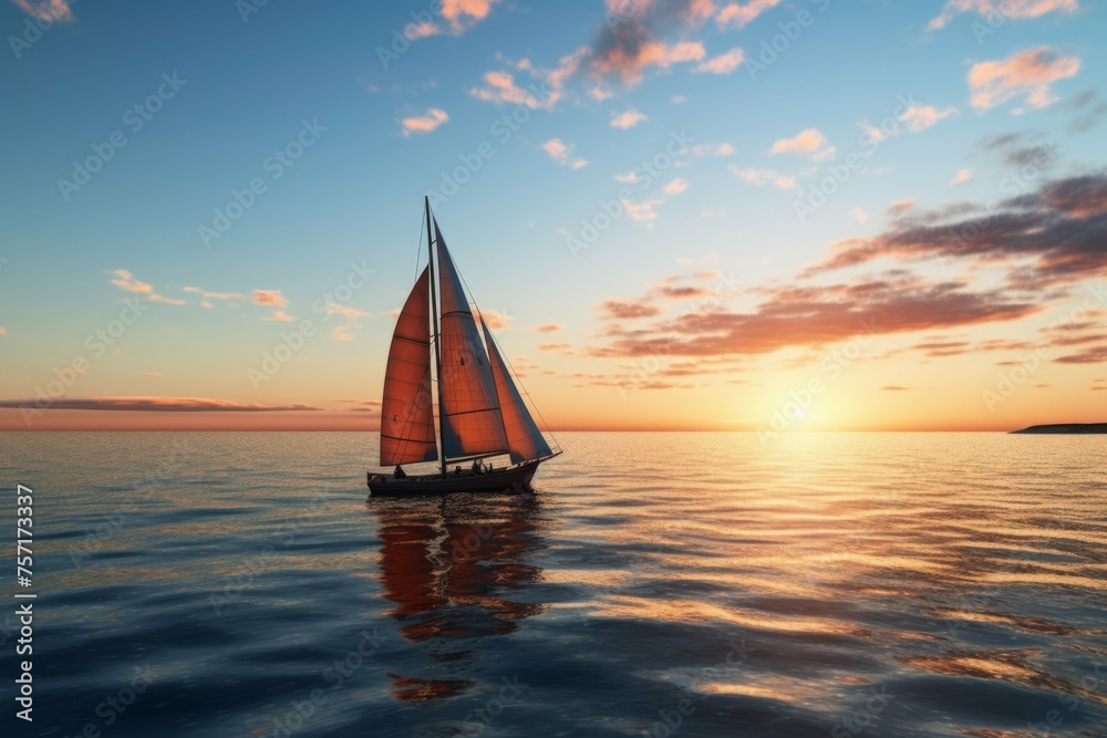 Small sailboat on calm blue ocean with sunset