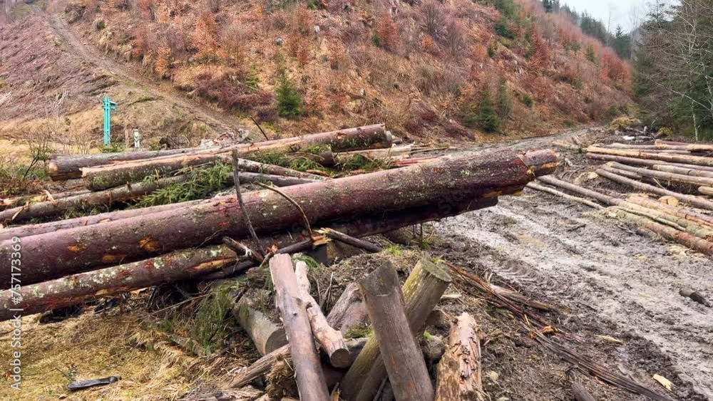 Carpathian forest clearing, seeing dirt and destruction, destroyed trees, soil, river pollution. Ancient Soviet all-terrain tractor crawler.