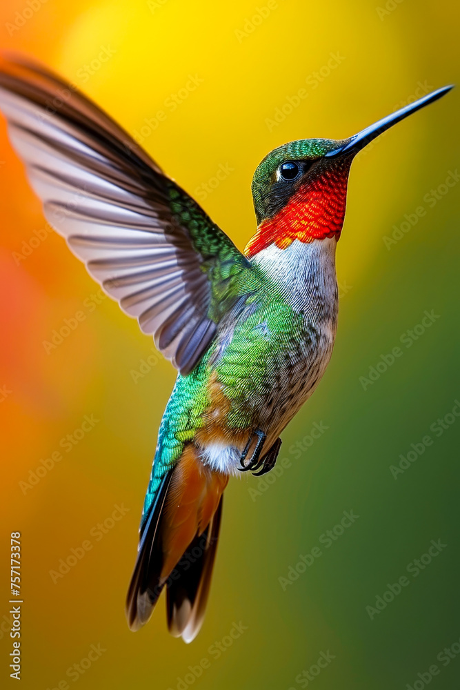 Fototapeta premium Hummingbird is flying with its wings fully spread out.