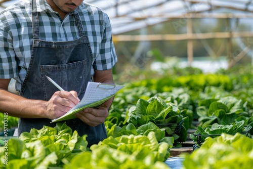 Agriculture concept. Male worker in apron writing notes in notepad while harvesting lettuce at agricultural greenhouse in countryside. © Straxer