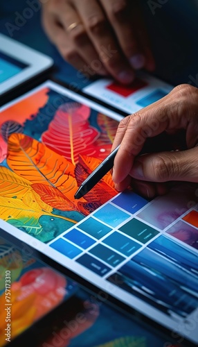 Close-up of graphic designer working on palette. Man choosing a new color for design.