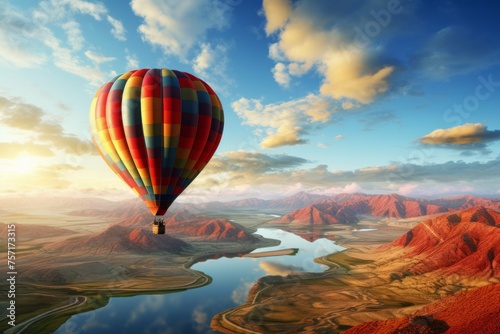 A hot air balloon soaring over a vast and colorful landscape.