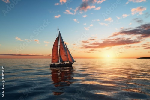 Small sailboat on calm blue ocean with sunset