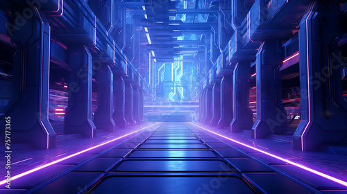 Deserted futuristic tunnel illuminated by blue neo Light