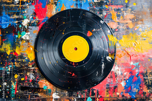 Record has yellow center and is surrounded by multicolored splatters of paint. photo