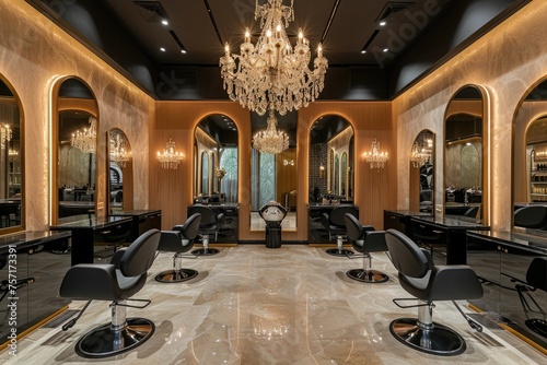 A large, elegant room featuring a stunning chandelier and an assortment of comfortable chairs, A high-end hair salon with plush interiors and chandeliers, AI Generated