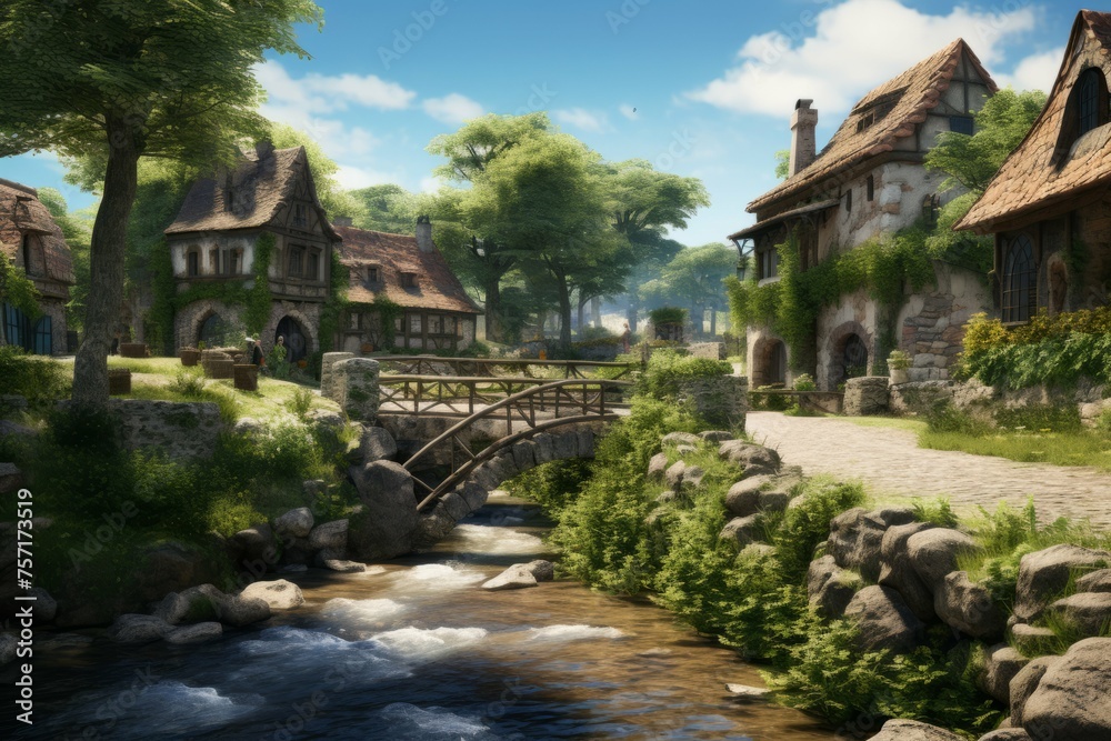 Quaint countryside village with river and bridge