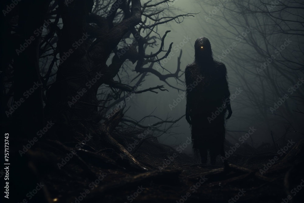 Dark and creepy forest with mysterious figure lurking behind a tree