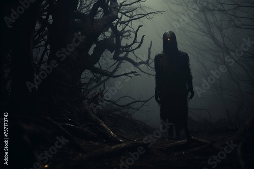 Dark and creepy forest with mysterious figure lurking behind a tree