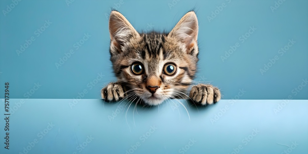 Stray tabby kitten searching for a loving home against a blue backdrop. Concept Cute Kittens, Adoptable Pets, Blue Background, Animal Rescue, Feline Friends