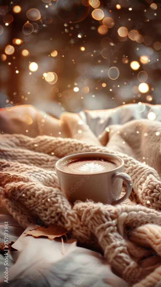 A cozy winter scene with a coffee cup nestled among soft warm blankets